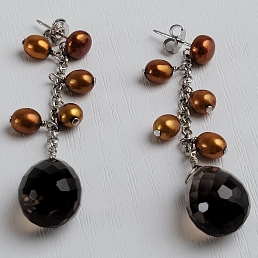 SGI Sterling Silver Gold Pearl Smoky Quartz Dangle Earrings 2" Pierced Post